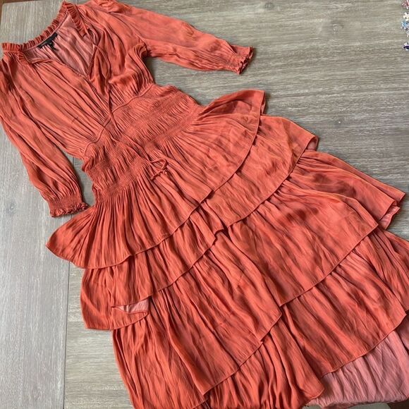 Maje Ruffle Midi dress‎ Rust color size 6 NWOT - Picture 4 of 10